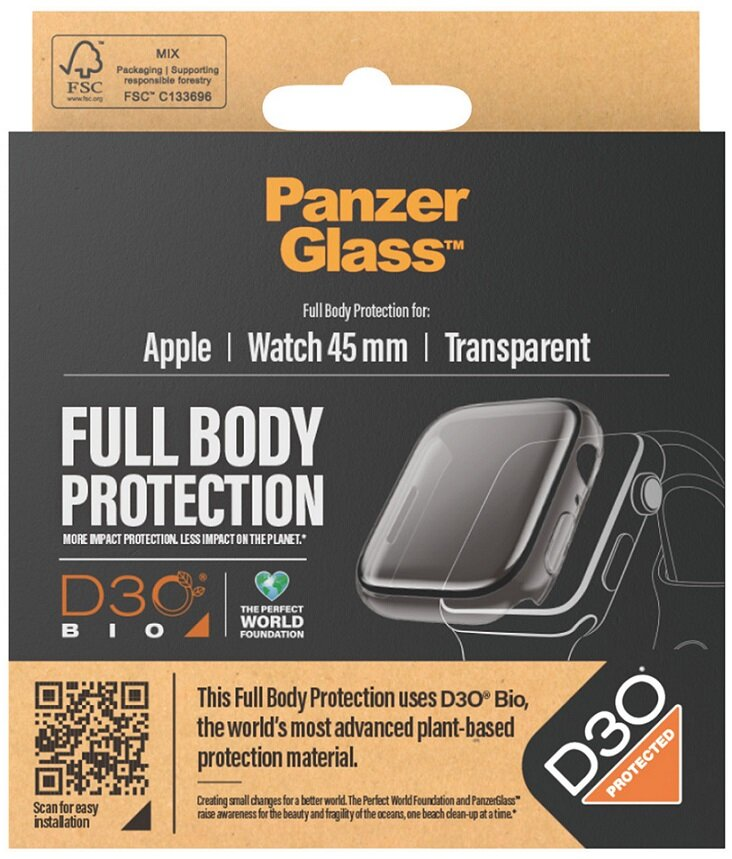 Opakowanie na osłonę ekranu zegarka. Jest czarne, białe i brązowe z tekstem i obrazem zegarka.