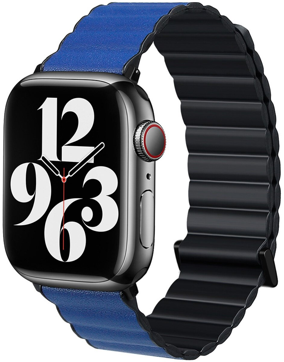 Srebrny Apple Watch z czarnym paskiem i niebieską skórą. Na ekranie wyświetlana jest godzina.