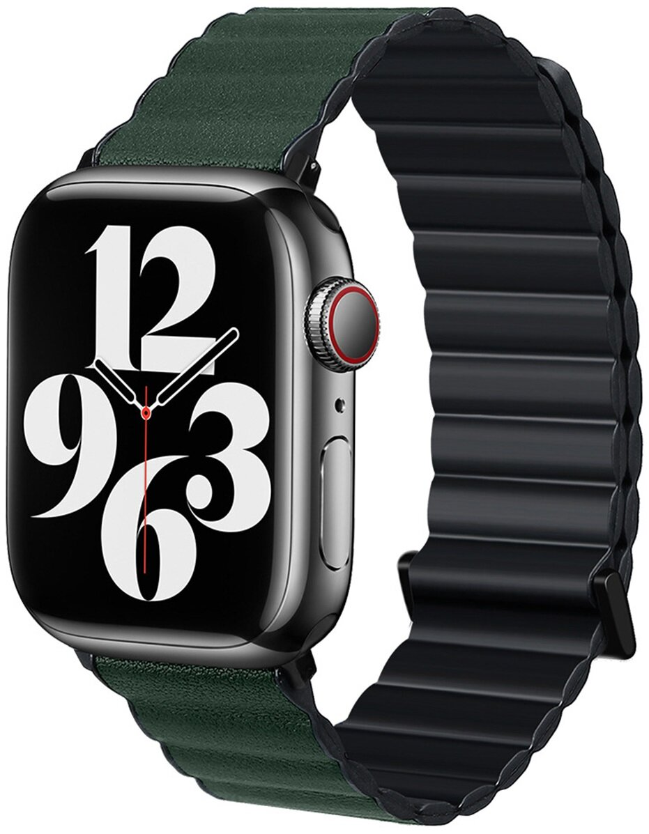 Czarny Apple Watch z ciemnozielonym paskiem. Zegarek pokazuje godzinę.