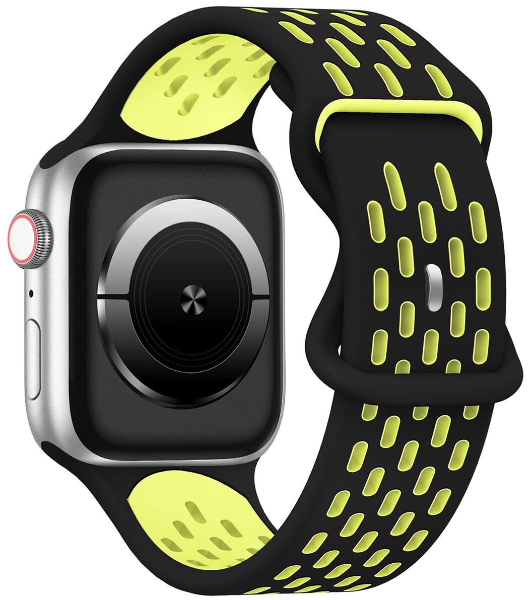 Srebrny smartwatch z czarno-żółtym paskiem sportowym. Pasek ma perforowaną konstrukcję.