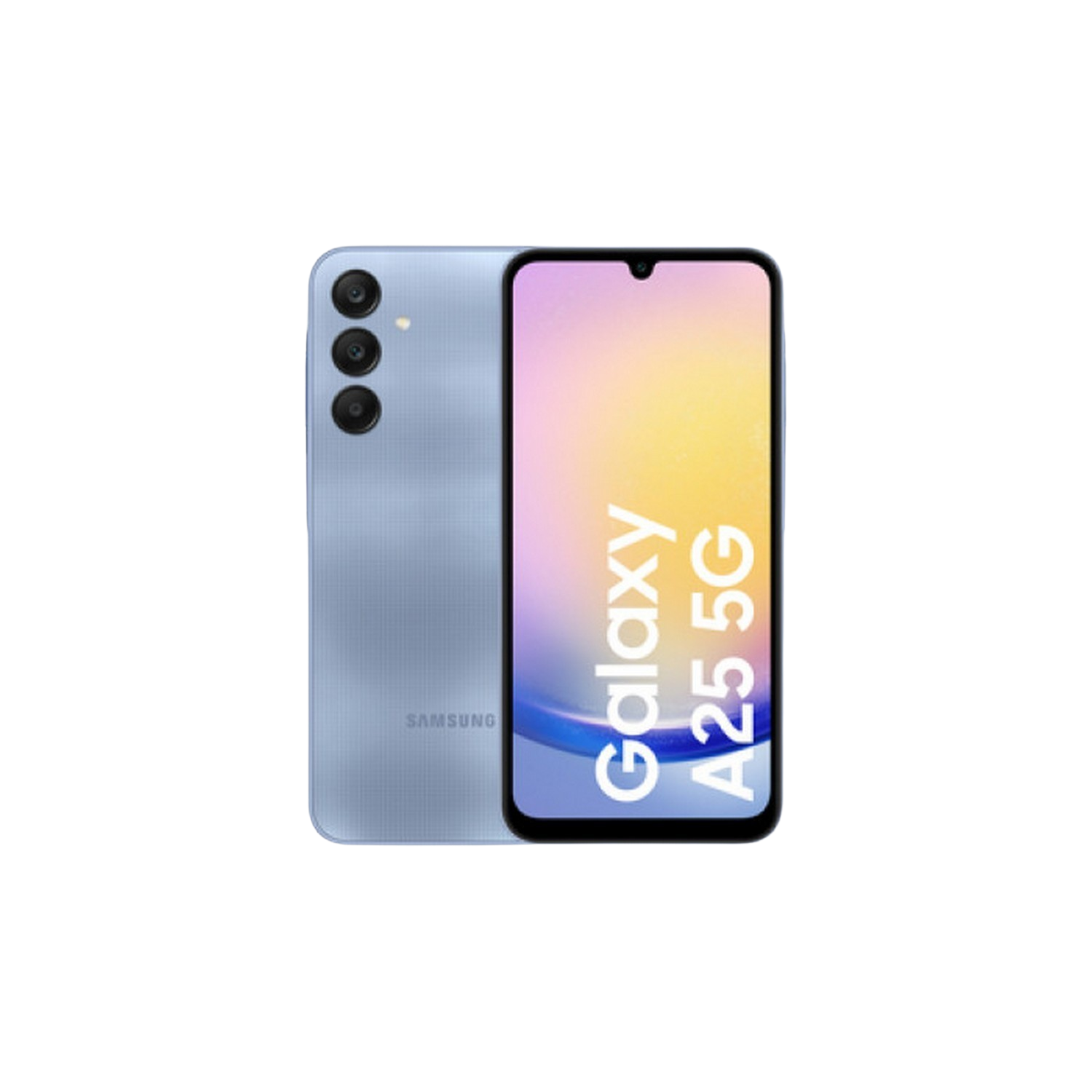 Téléphone Samsung Galaxy A25 5G bleu, vue avant et arrière. Texte à l'avant.