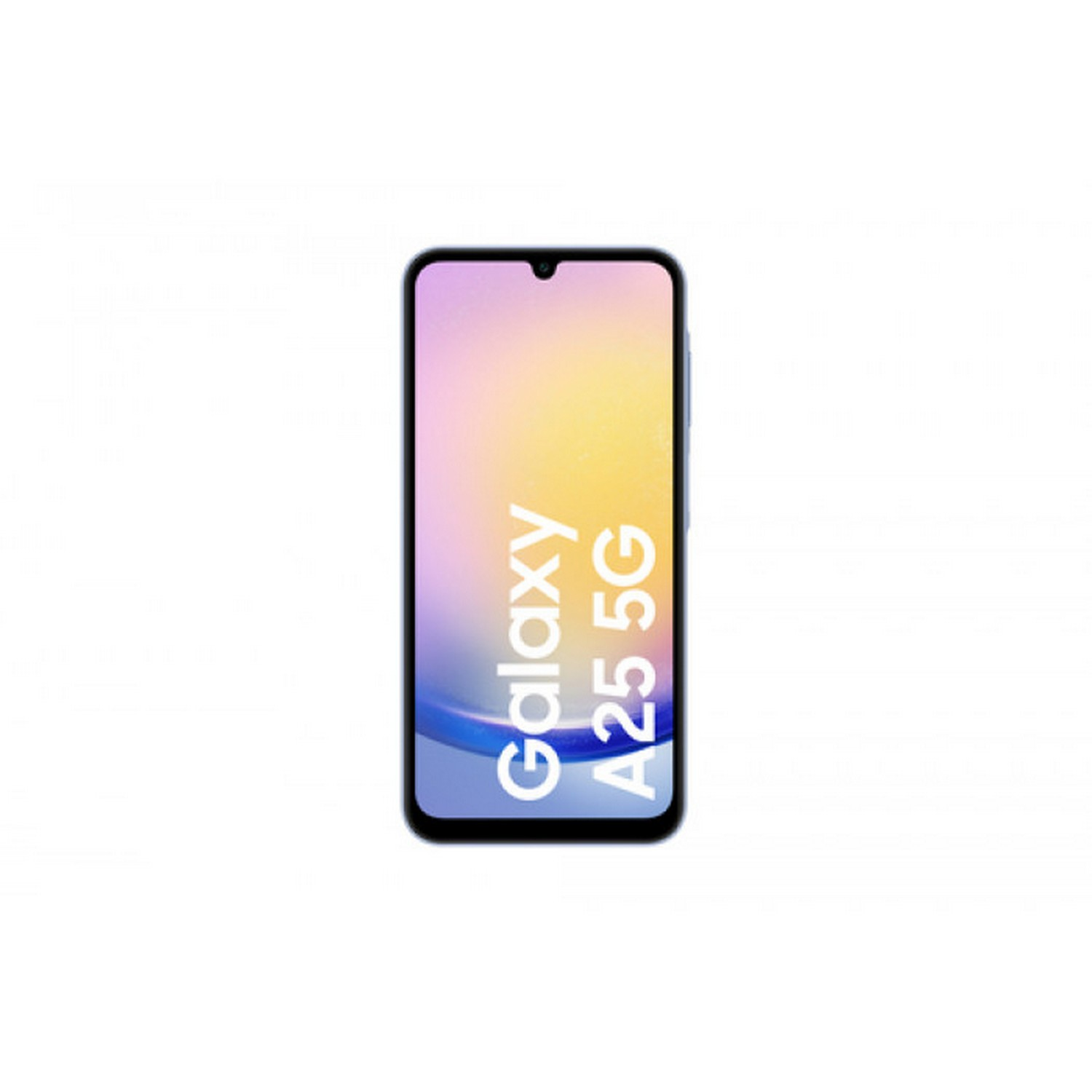 Téléphone avec texte Galaxy A25 5G sur l'écran, fond blanc.