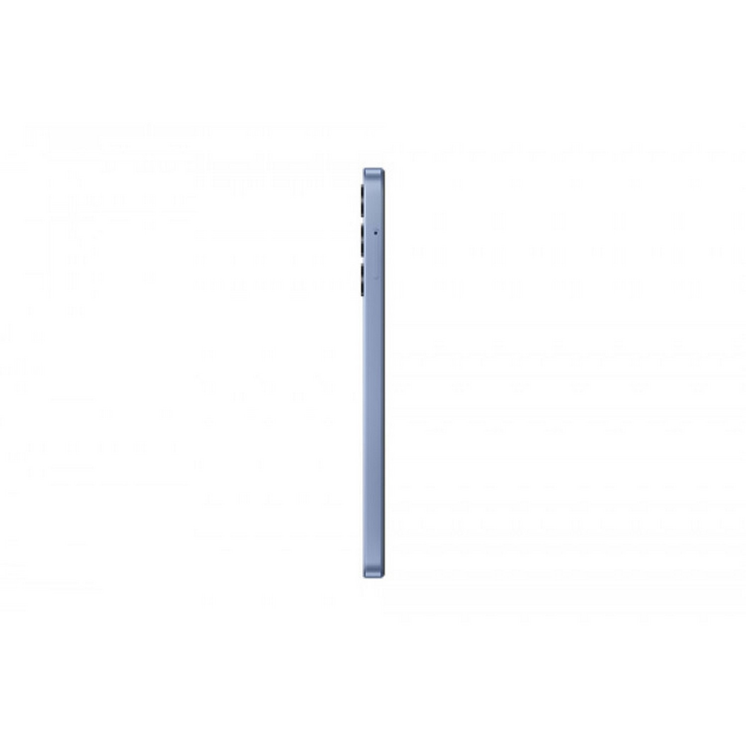 Vue latérale rapprochée d'un smartphone bleu clair sur fond blanc.