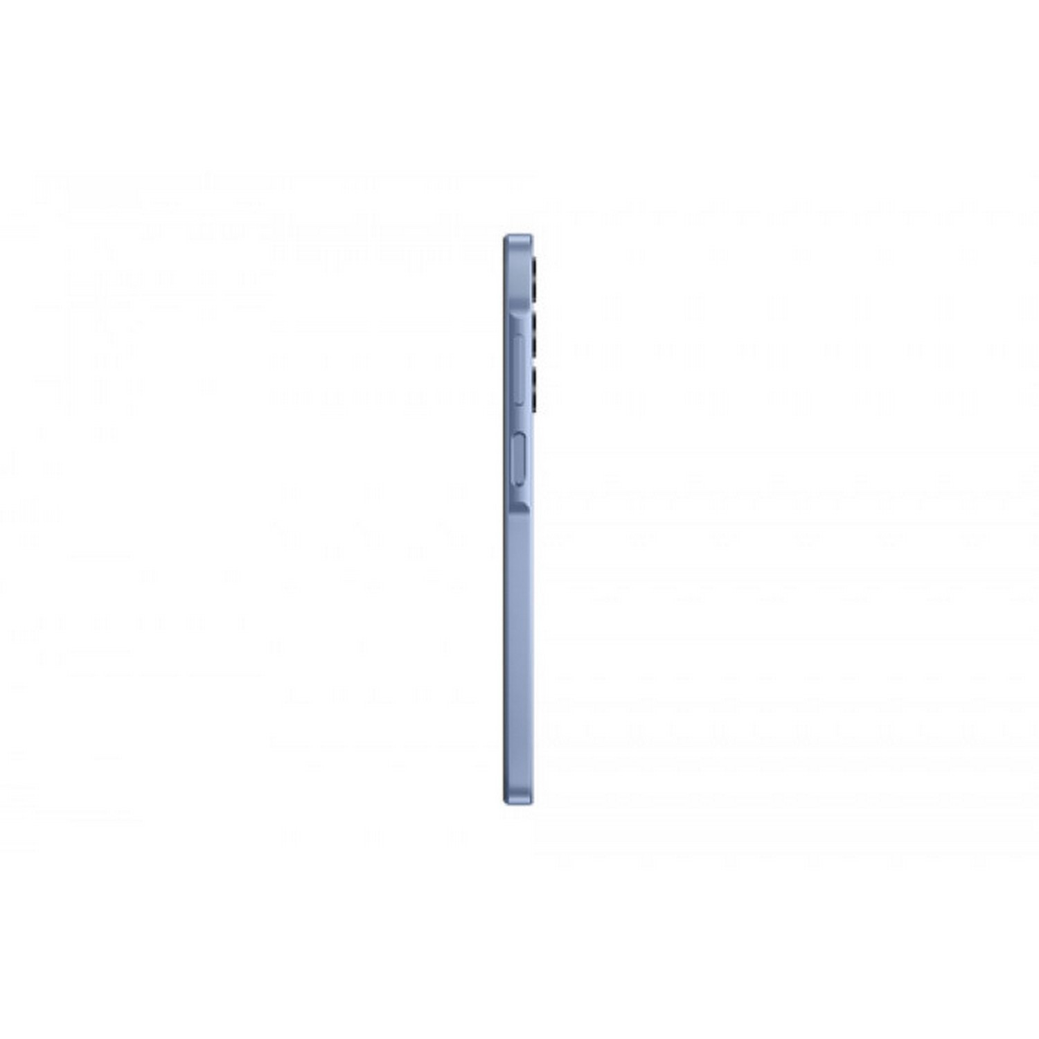Un téléphone bleu clair, vu de côté. Le téléphone fin a une bosse pour la caméra et des boutons, sur fond blanc.