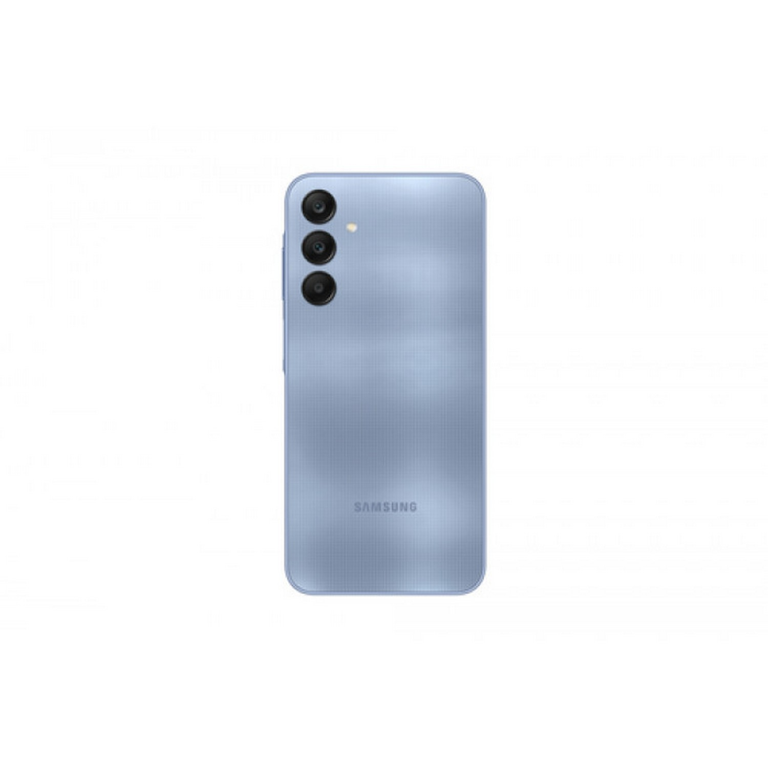 Smartphone bleu, vue arrière, avec trois caméras et logo SAMSUNG.