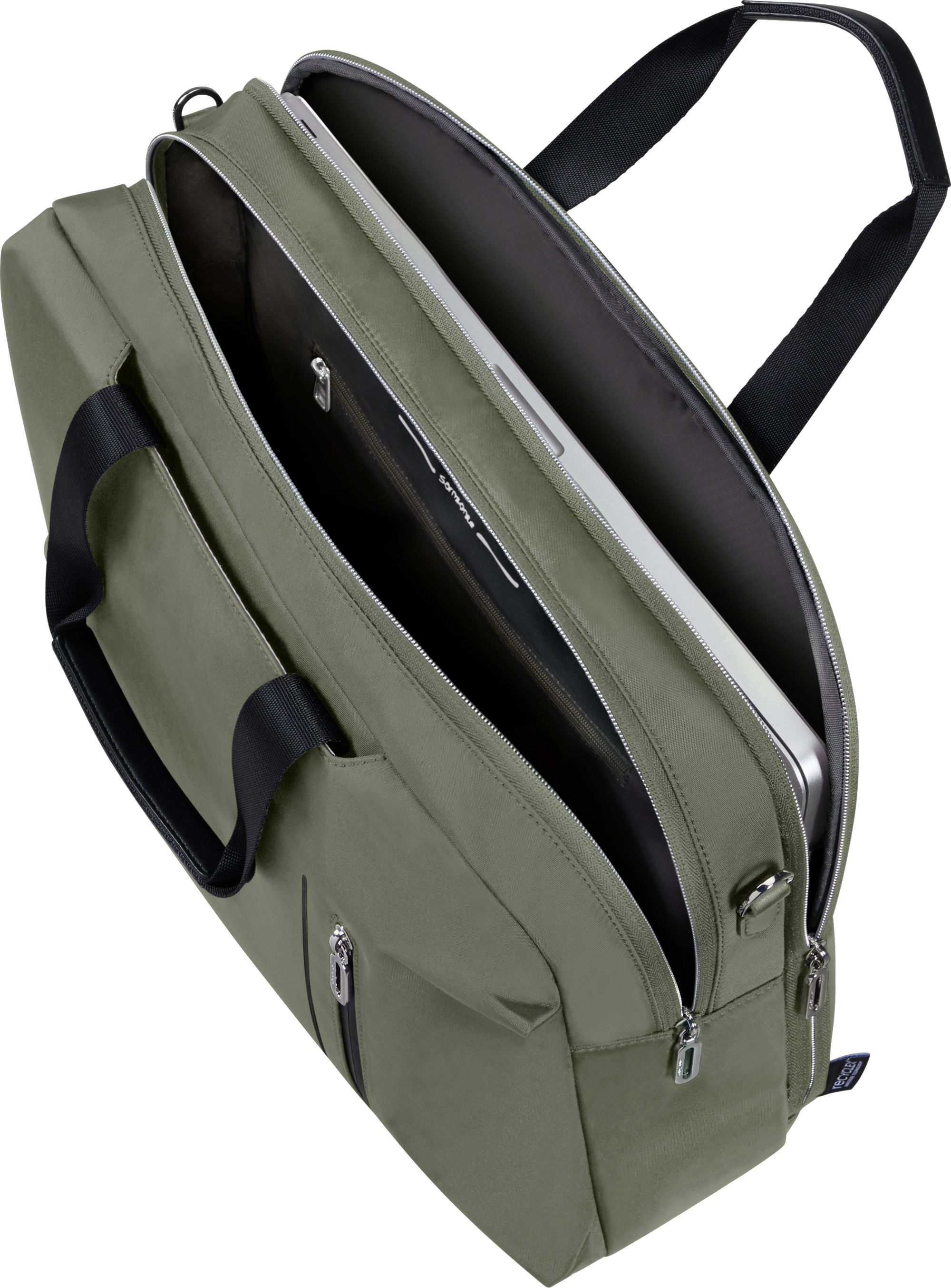 Grüne Samsonite Laptop-Tasche, offen. Innen ein Laptop und Taschen.