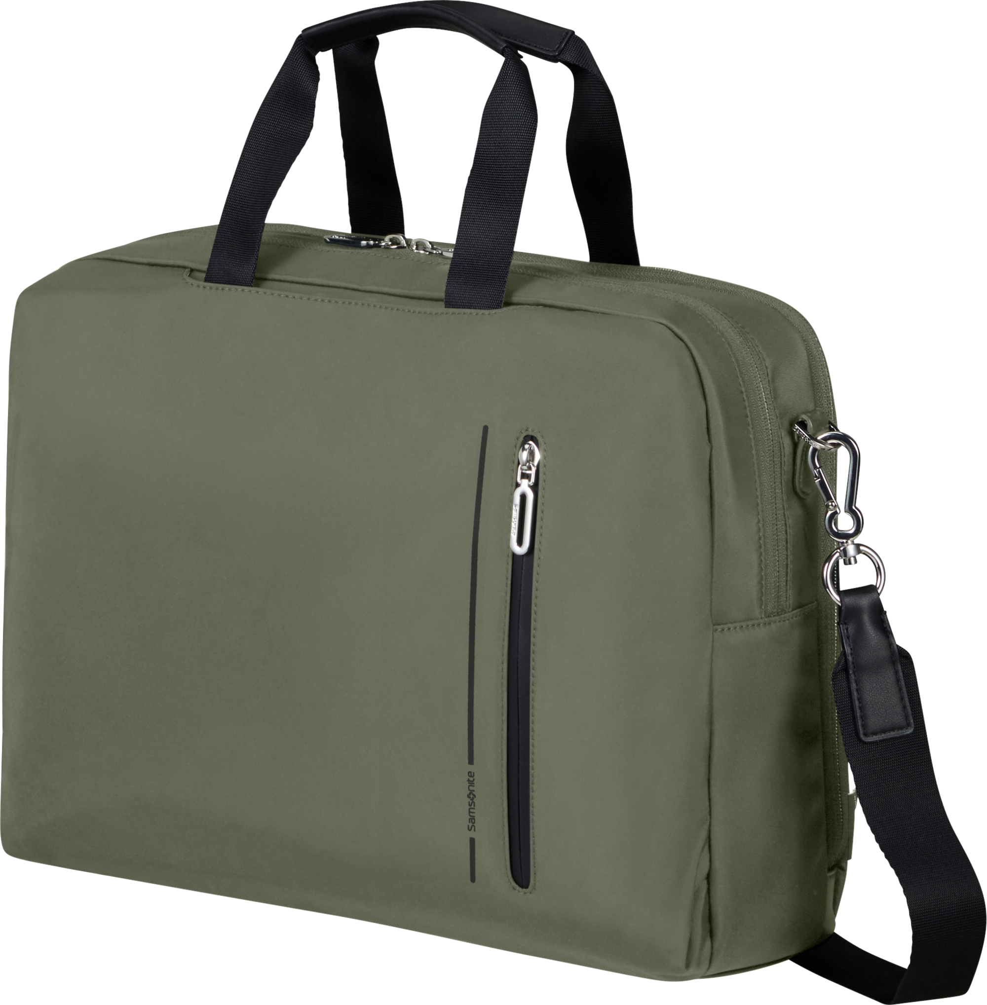 Eine grüne Samsonite-Tragetasche mit schwarzem Reißverschluss und Riemen.