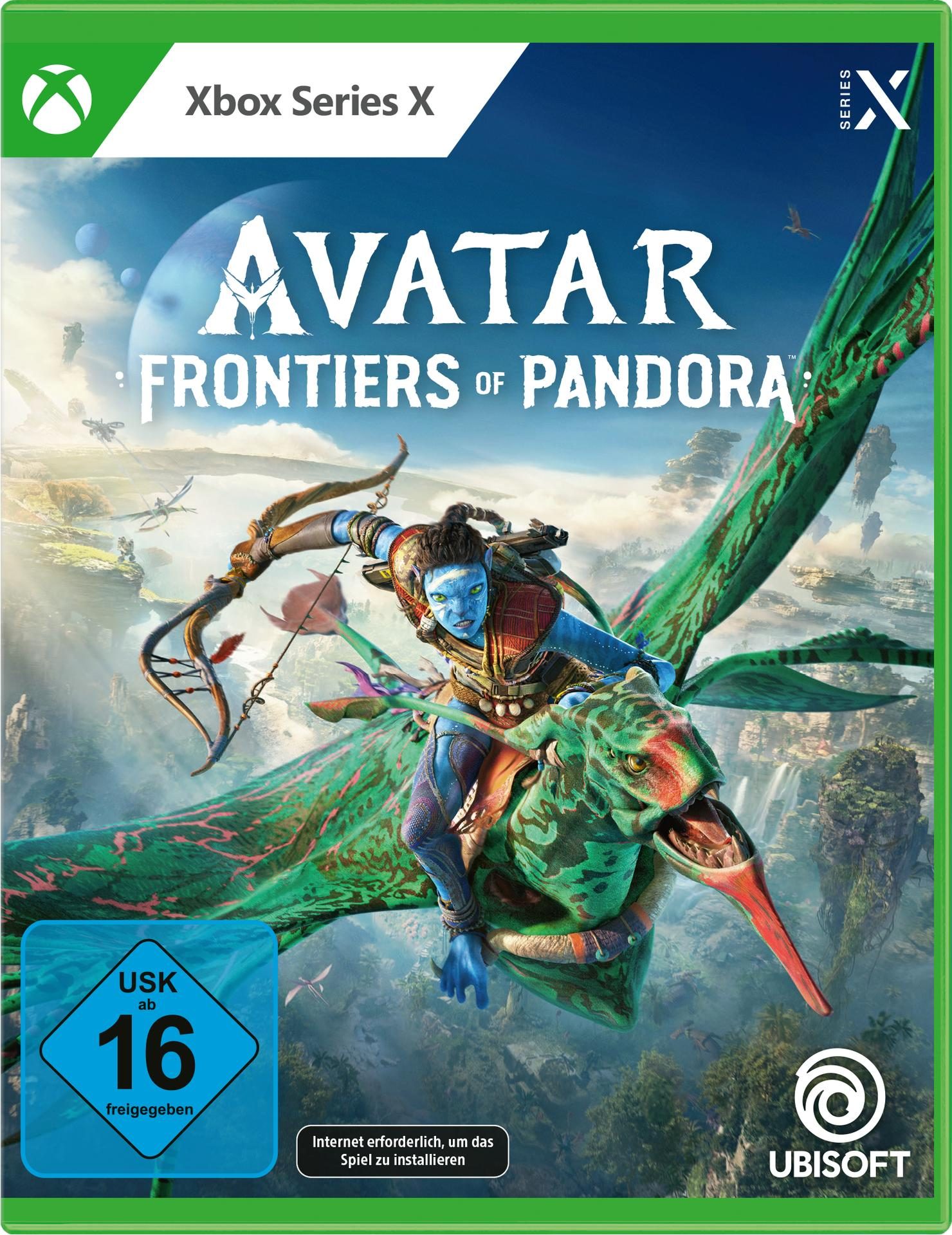Avatar: Frontiers of Pandora-Spielcover. Zeigt einen Na'vi, der auf einer Banshee über einer Waldlandschaft reitet.