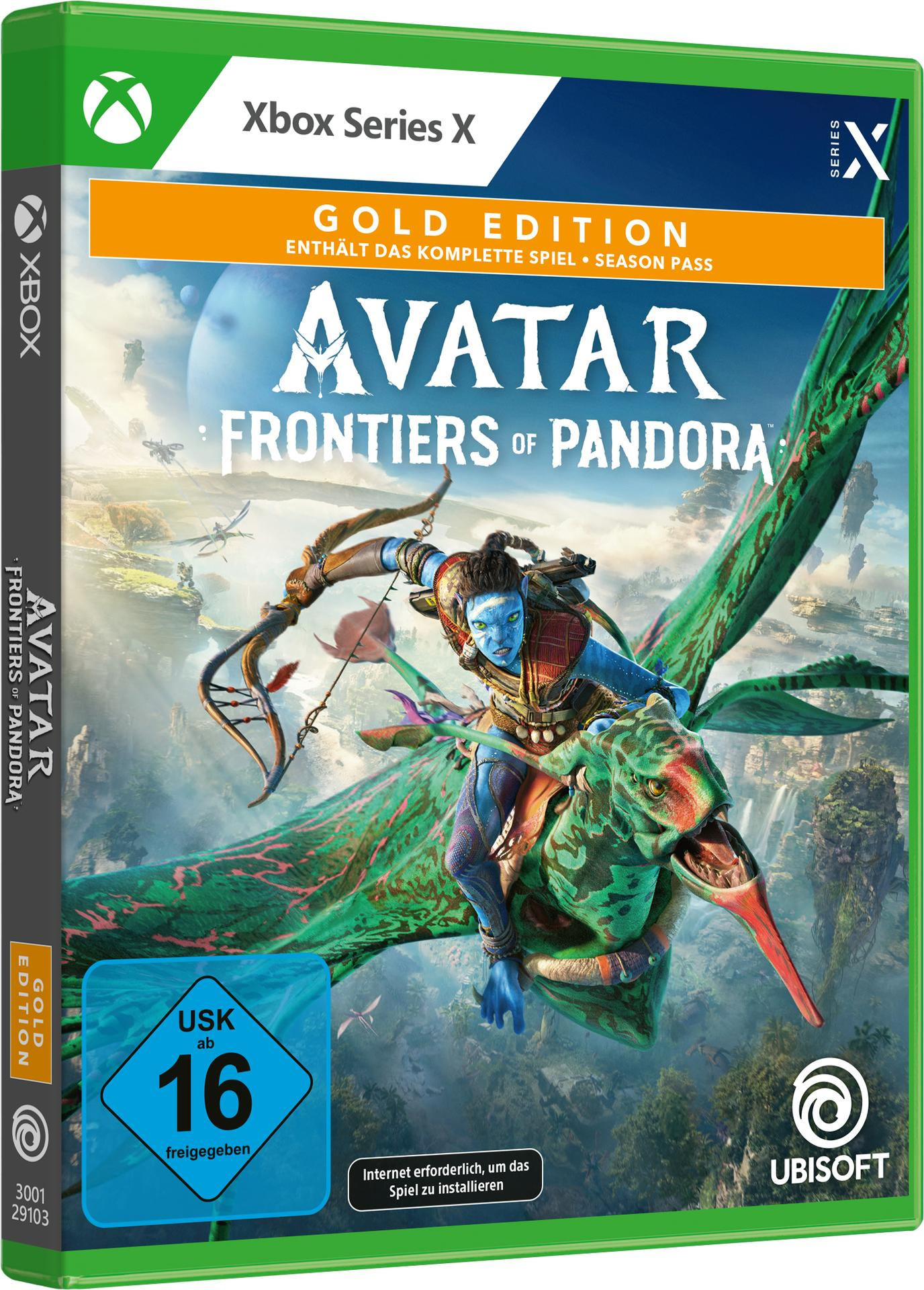 Xbox Series X Spielbox: Avatar: Frontiers of Pandora, mit einer blauen Figur auf einem Wesen.