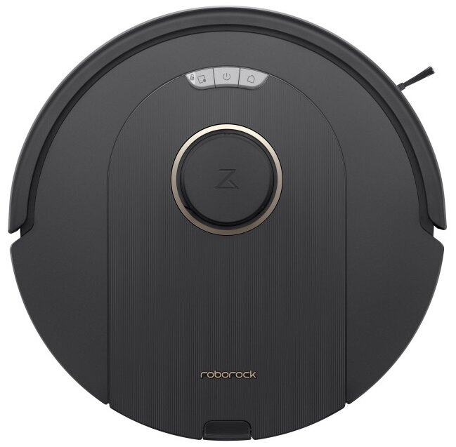 Czarny, okrągły odkurzacz automatyczny Roborock z nazwą marki.