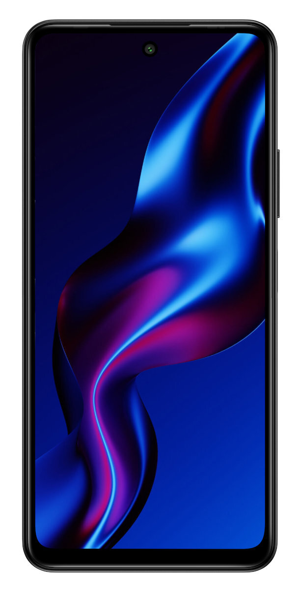 Czarny smartfon z żywym niebiesko-fioletowym abstrakcyjnym wzorem na ekranie.