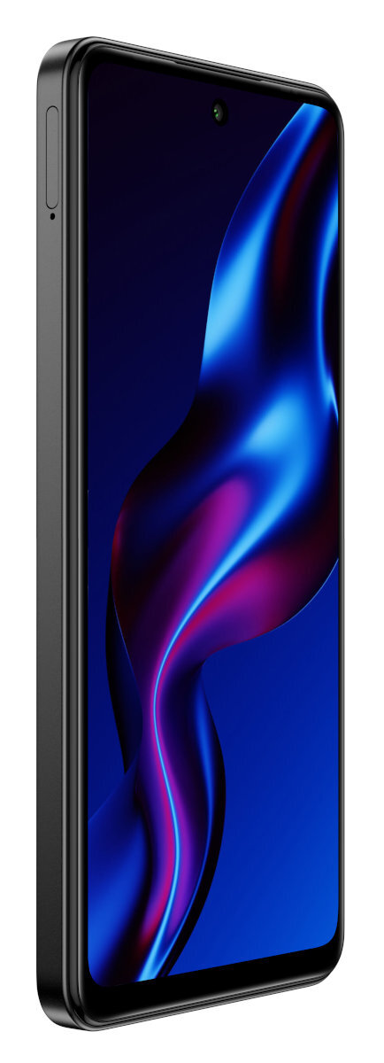 Czarny smartfon z niebiesko-fioletowym gradientem w tle. Widoczny aparat. Obecne przyciski boczne.