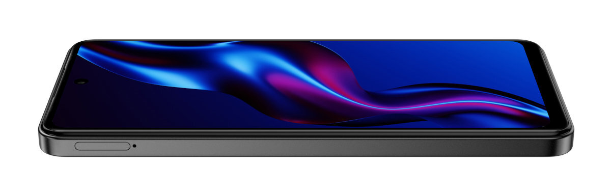 Czarny smartfon widziany z boku, wyświetlający niebiesko-fioletowy wzór abstrakcyjny na ekranie.