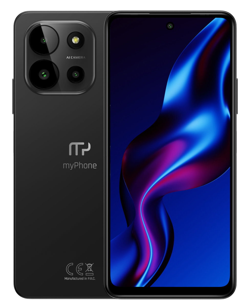 Czarny smartfon, widok z przodu i z tyłu. Trzy aparaty z tyłu.