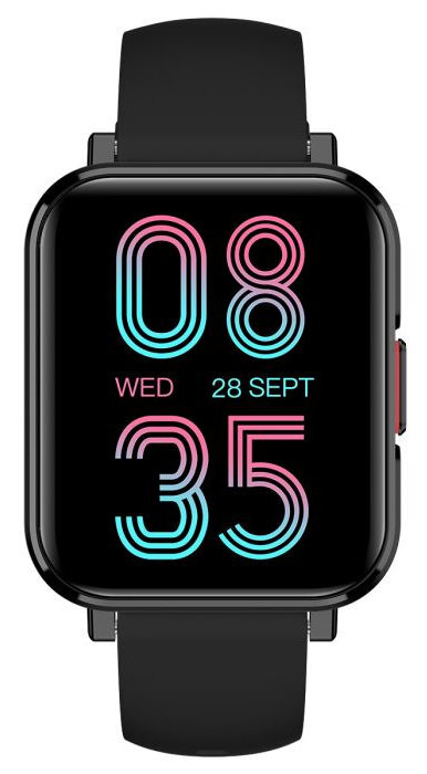 Czarny smartwatch z cyfrowym wyświetlaczem pokazującym datę i godzinę.