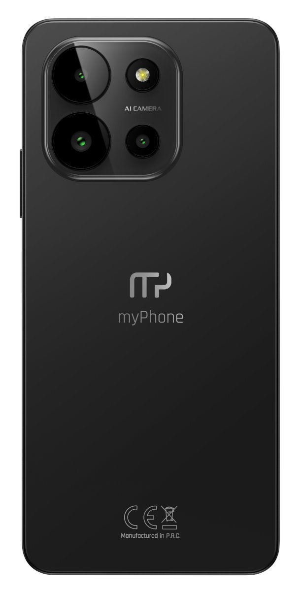Tył czarnego smartfona z trzema aparatami i logo myPhone.