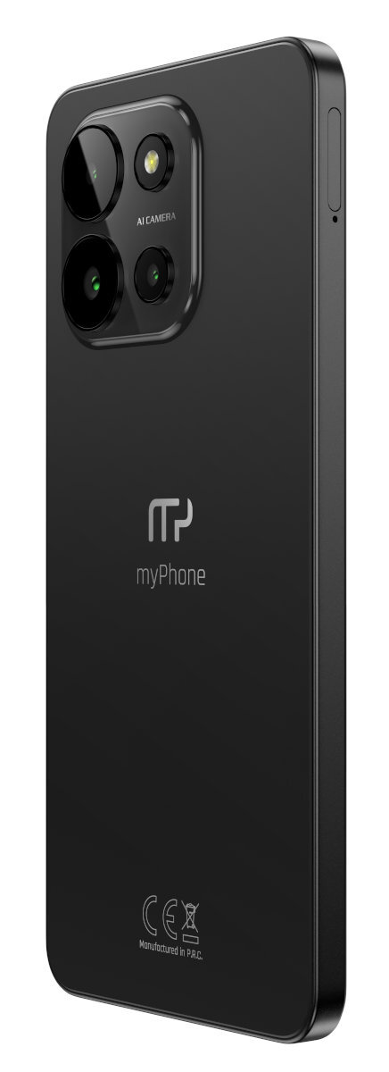 Czarny smartfon myPhone z trzema aparatami, logo i eleganckim designem.