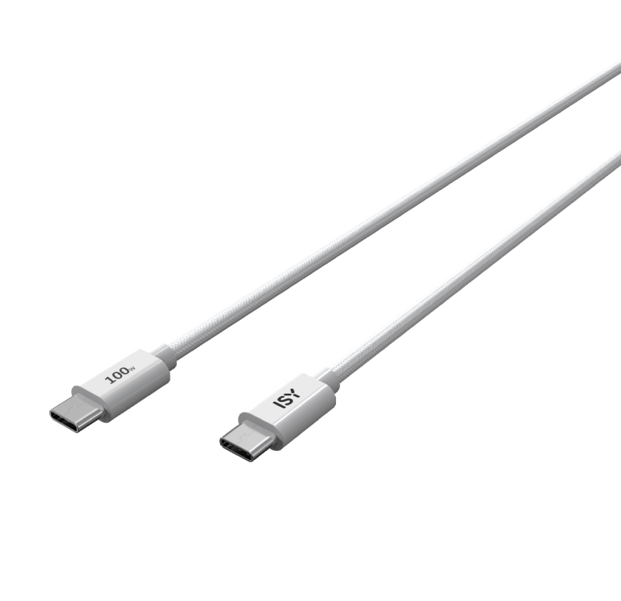 Cables USB-C blancos. Uno etiquetado '100w', el otro 'ISY'.