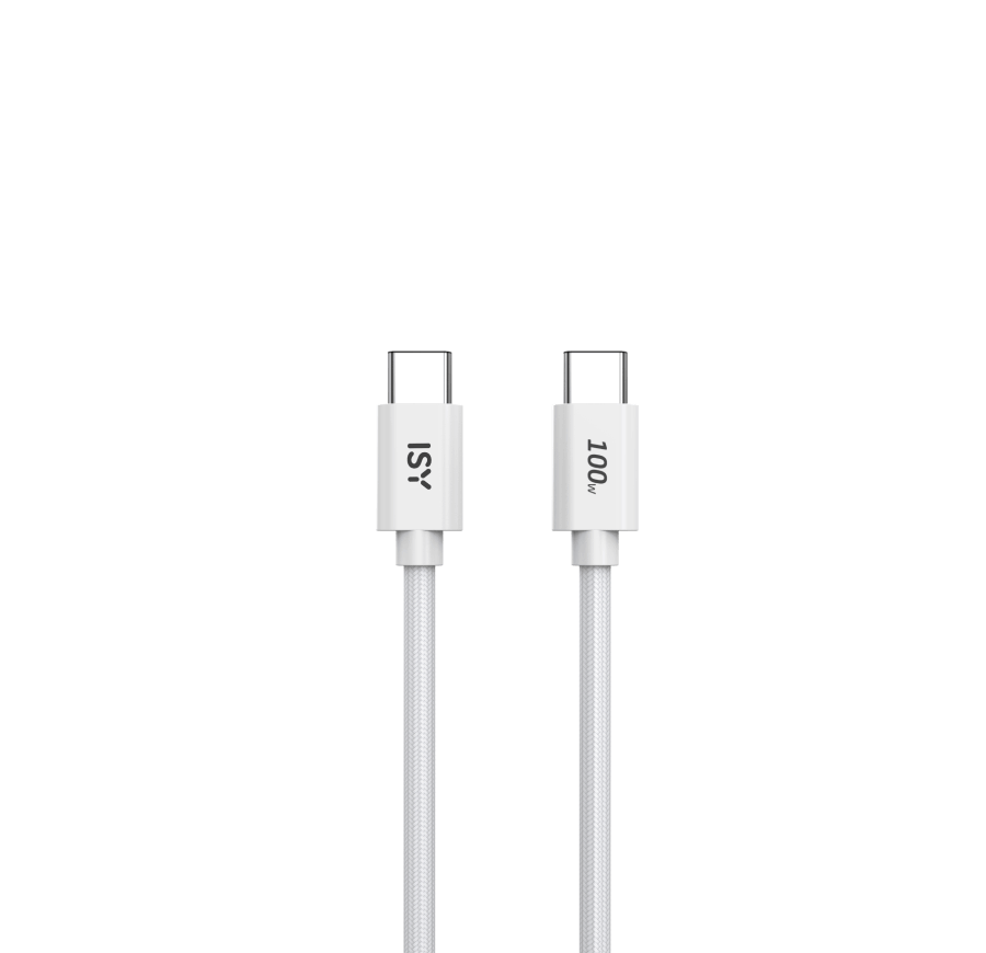 Dos cables USB-C blancos. Uno está etiquetado como ISY y el otro como 100W. Fondo negro.