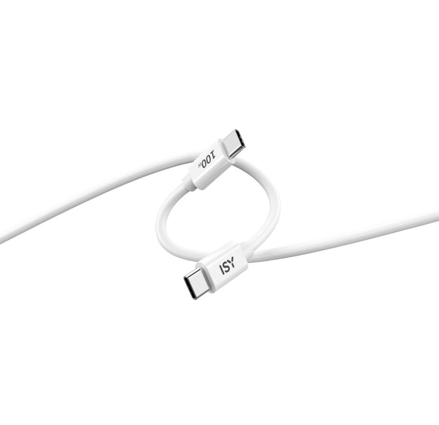 Cable USB-C blanco, con dos conectores curvados sobre fondo negro.