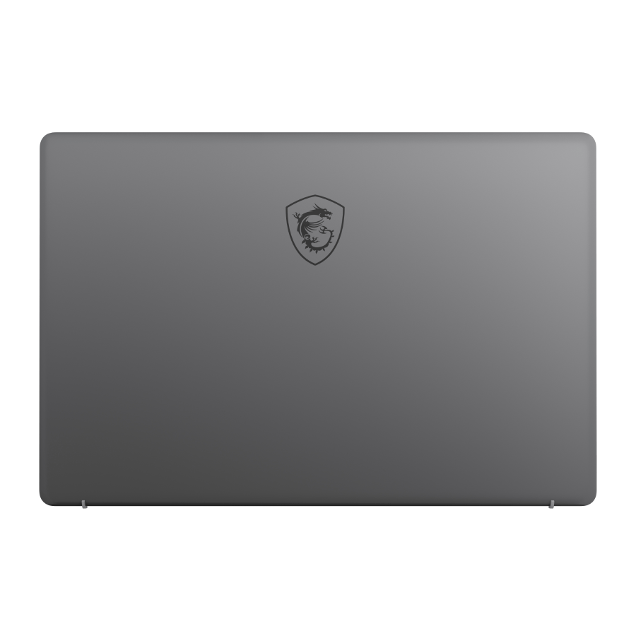 La parte trasera de una laptop gris con el logo de MSI.