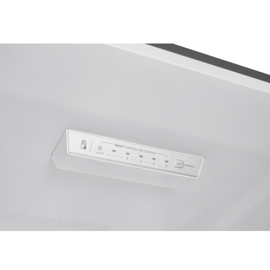 Panel de control de refrigerador blanco con ajustes de temperatura de 1 a 5 y un ajuste "Super".