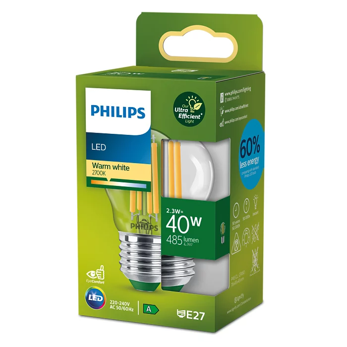 Philips LED-Glühbirne in einer grün-weißen Box. Zeigt Glühbirnenspezifikationen.