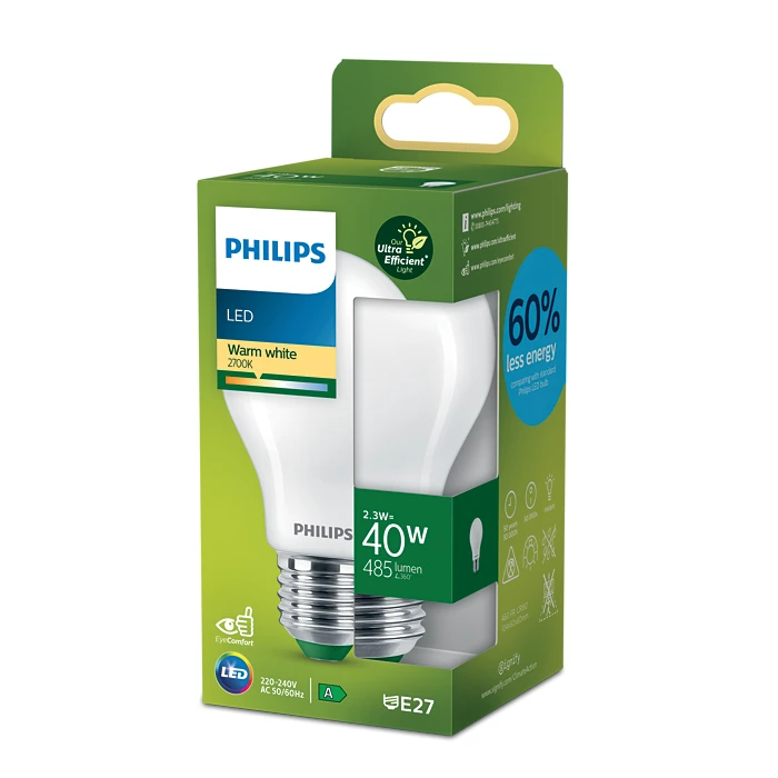 Philips LED-Glühbirne in einer Box mit grün-weißem Design. E27-Sockel.
