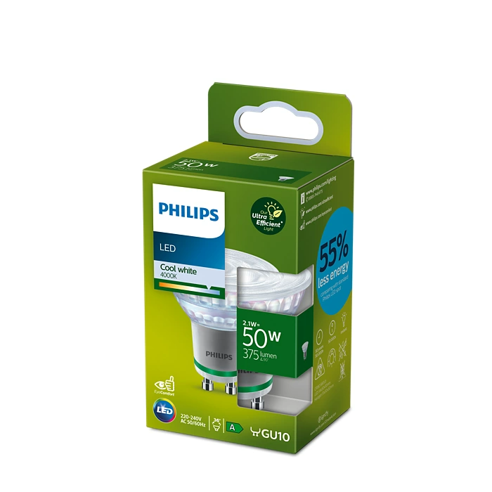 Eine Philips LED-Glühbirne in einer grün-weißen Kartonverpackung.