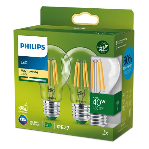 Packung Philips LED-Glühbirnen. Grüne und weiße Verpackung.