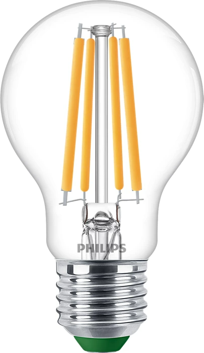 Philips LED-Glühbirne, transparent mit orangefarbenen Filamenten, grüner Sockel, auf weißem Hintergrund.