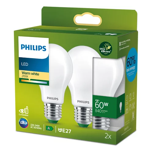 Eine Schachtel mit zwei Philips LED-Glühbirnen, gekennzeichnet als warmweiß und 60 % weniger Energie. Die Schachtel ist grün und weiß.