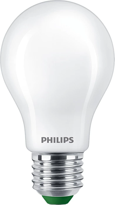 Eine weiße Philips-Glühbirne mit silbernem Sockel und grüner Spitze. Es hat das Philips-Logo.