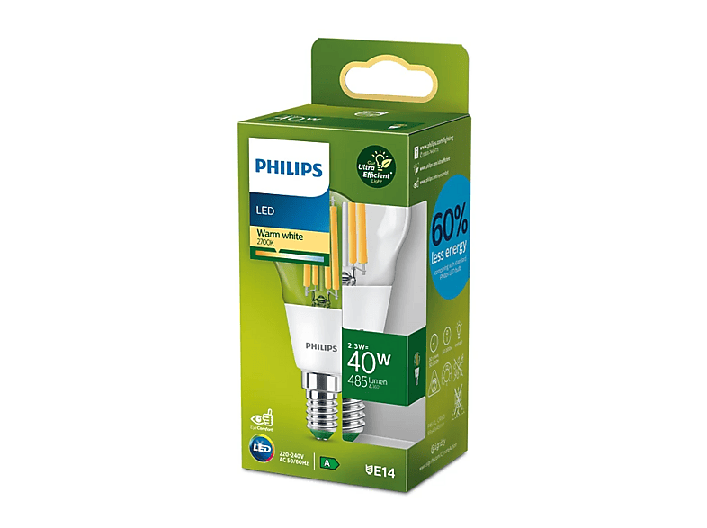 Philips Filament-Kerzenlampe, P45 E14, transparent, 40 W