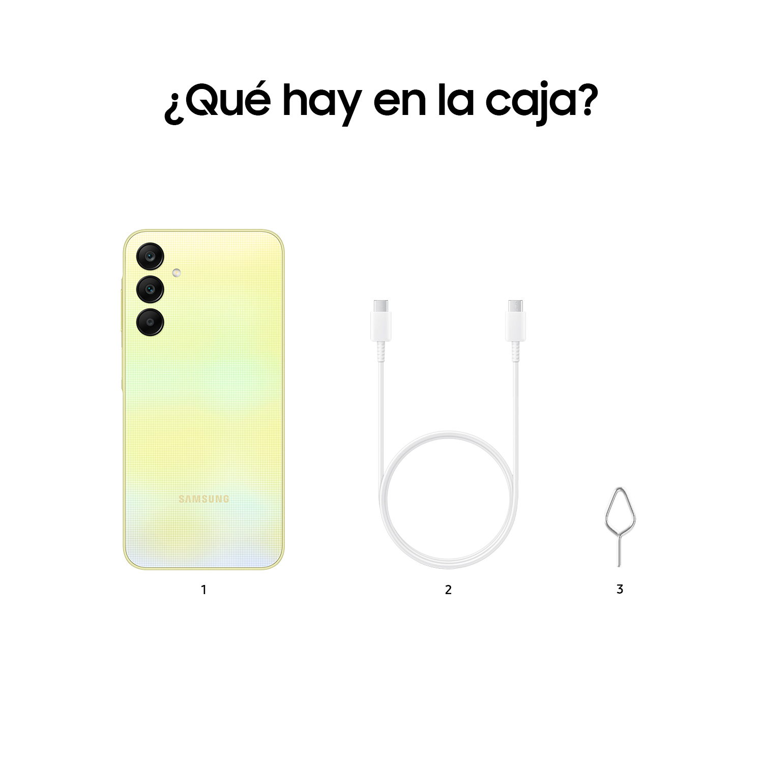 Teléfono, cable y eyector SIM. Teléfono amarillo, accesorios blancos. Todo sobre una superficie blanca.