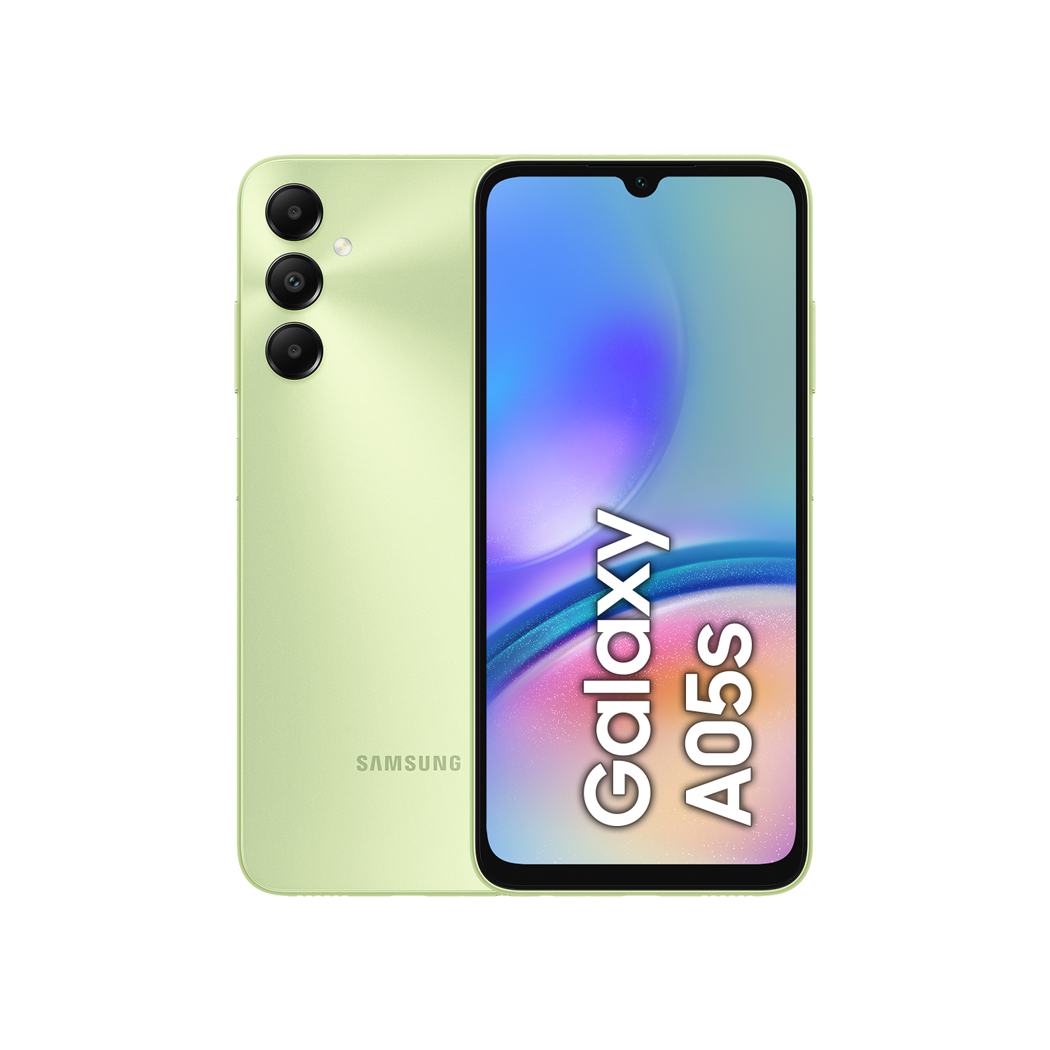 Teléfono verde Samsung Galaxy A05s con texto en pantalla.