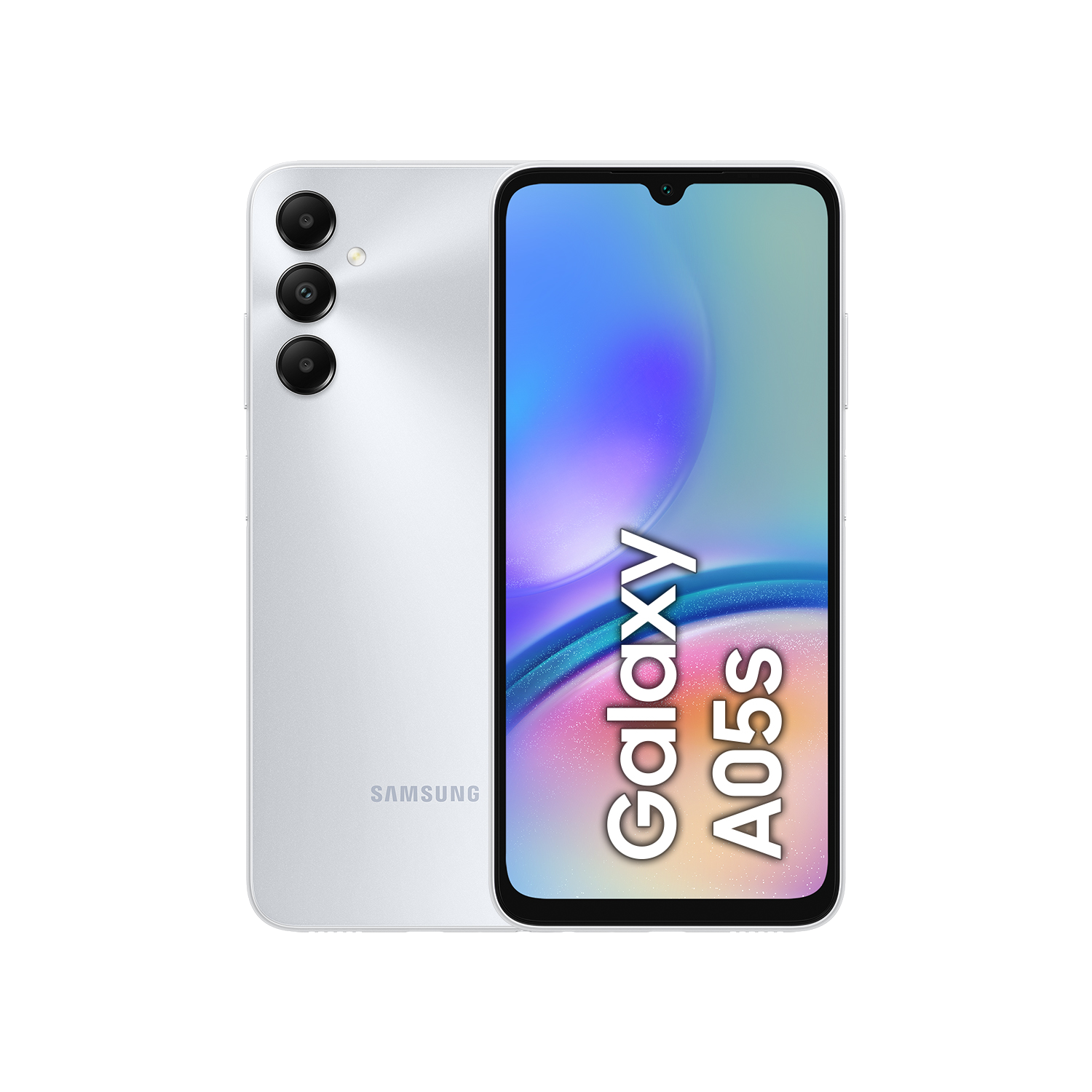 Un teléfono Samsung Galaxy A05s, parte trasera blanca con cámaras y pantalla con fondo degradado.