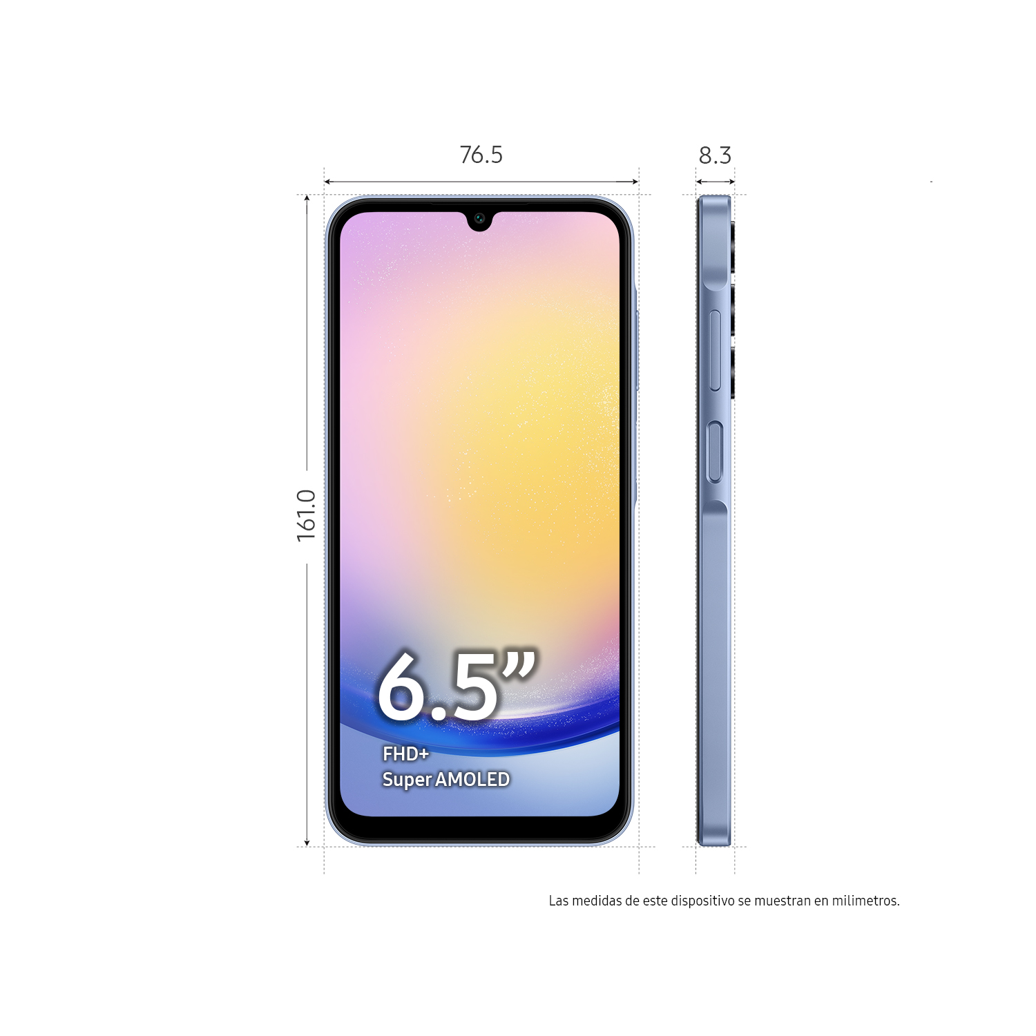 Un smartphone mostrando su pantalla y perfil lateral.