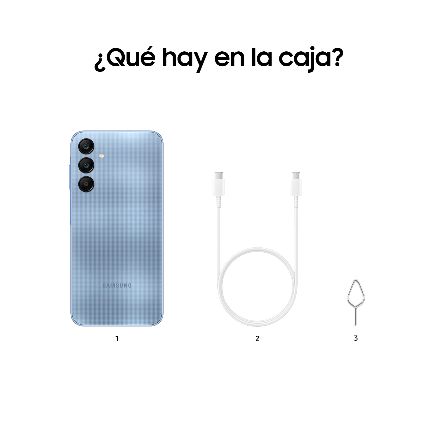 Un smartphone, cable de carga y herramienta SIM sobre una superficie blanca.
