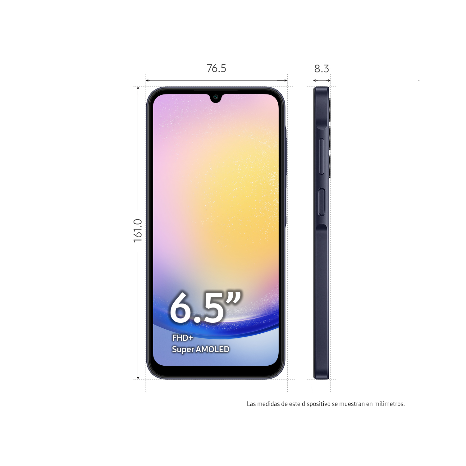 Un teléfono inteligente azul con dimensiones mostradas. La pantalla muestra un fondo colorido.