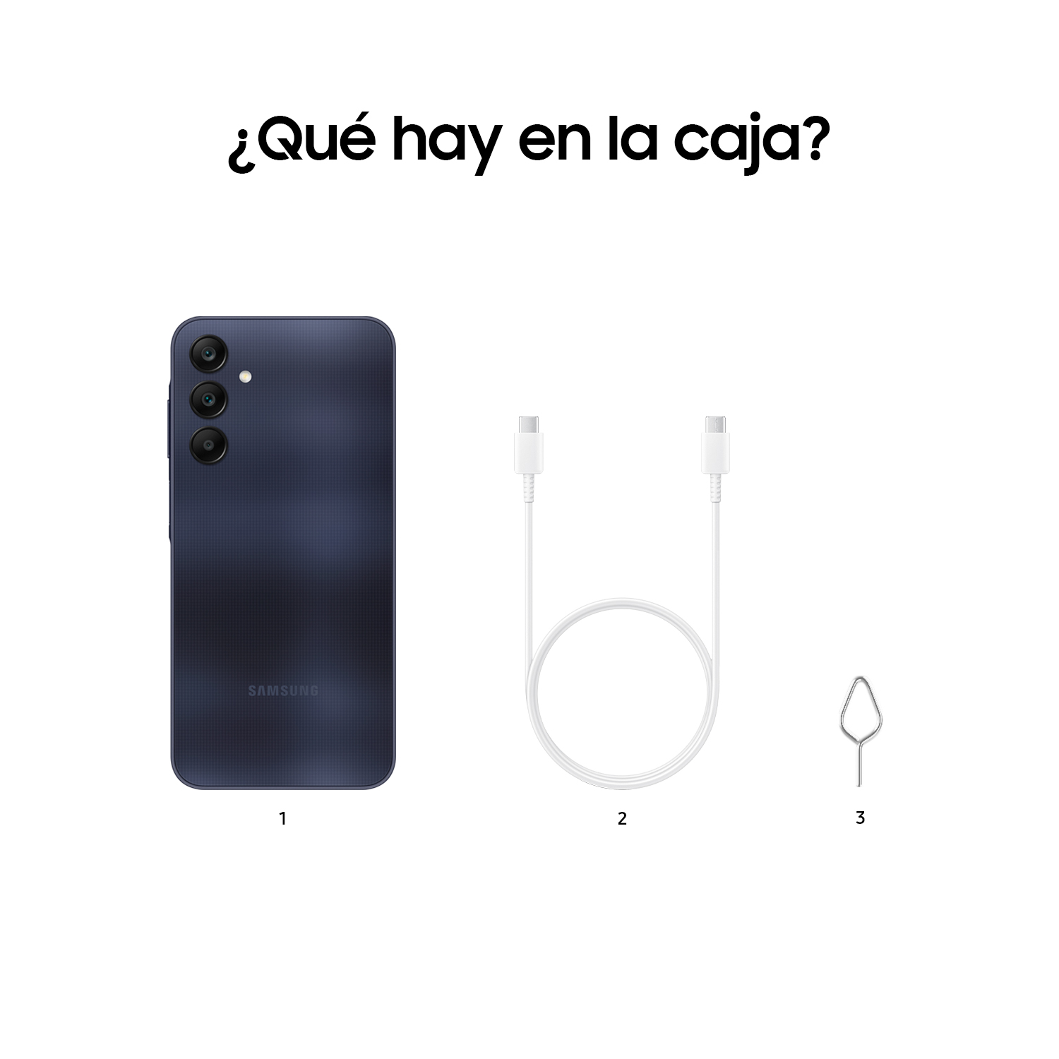 Teléfono, cable cargador y herramienta de expulsión SIM sobre superficie blanca. Texto: ¿Qué hay en la caja?