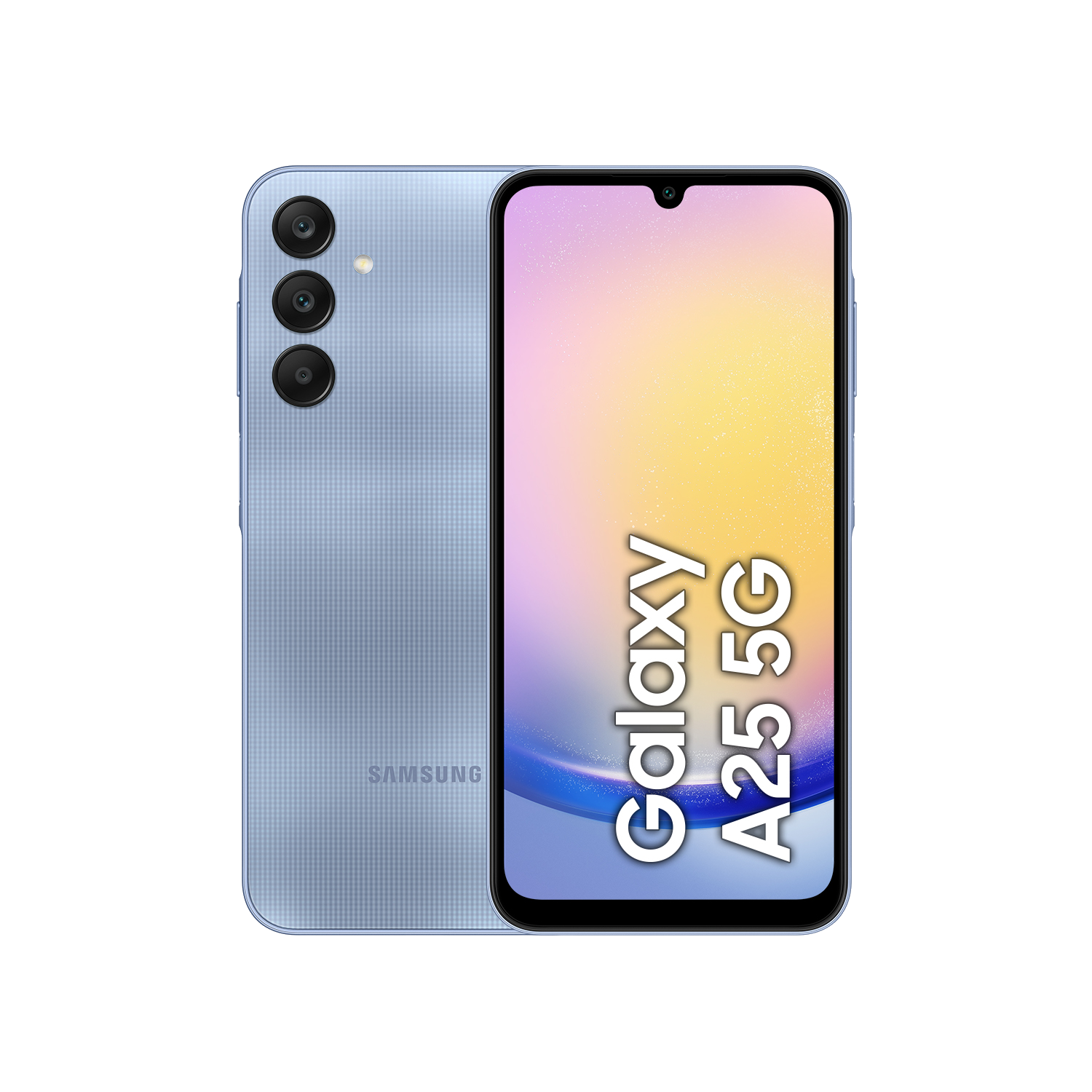 Teléfono azul Samsung Galaxy A25 5G. Dos teléfonos, vista trasera y frontal.