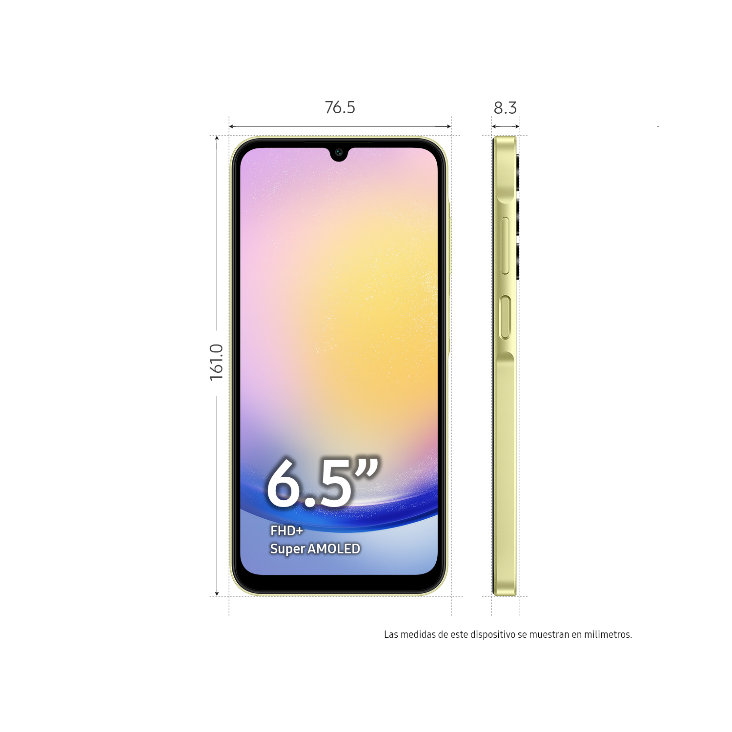 Dimensiones del teléfono mostradas, con una pantalla de tono amarillo.