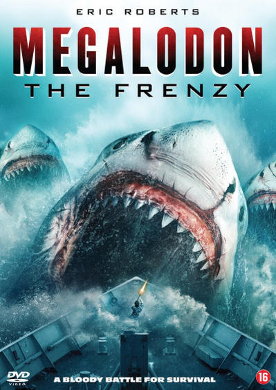 Couverture DVD de 'Mégalodon : The Frenzy'. Les requins attaquent, avec un homme dans l'eau.