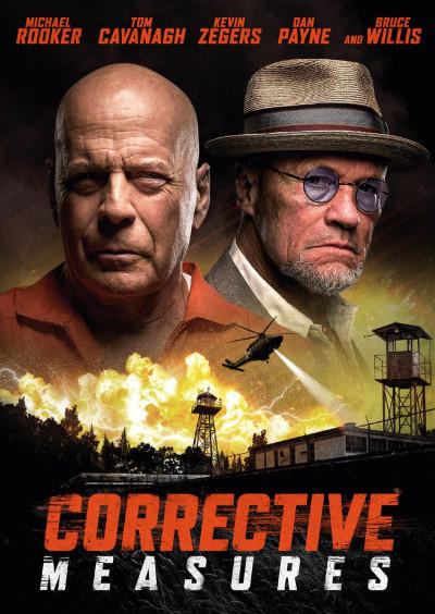Filmposter voor 'Corrective Measures'. Gezichten van Michael Rooker, Bruce Willis en anderen.