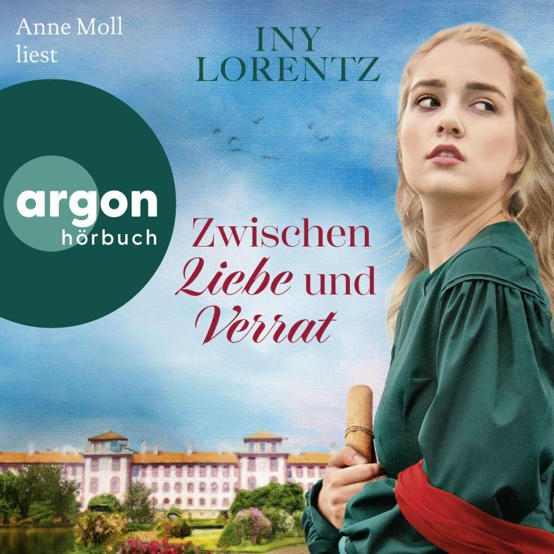 Eine junge Frau im grünen Kleid steht vor einem Schloss. Titel: Liebe und Verrat.