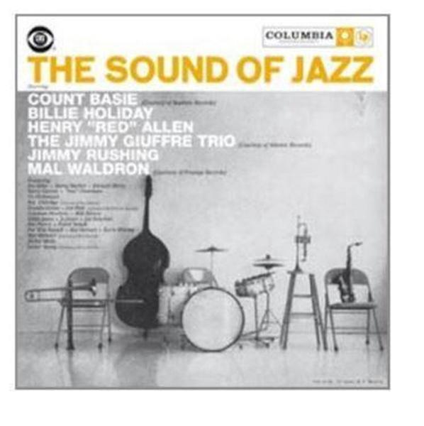 A "The Sound of Jazz" album borítója. Hangszerek közé tartozik a nagybőgő, dob, trombita, szaxofon. Nevek: Count Basie, Billie Holiday.