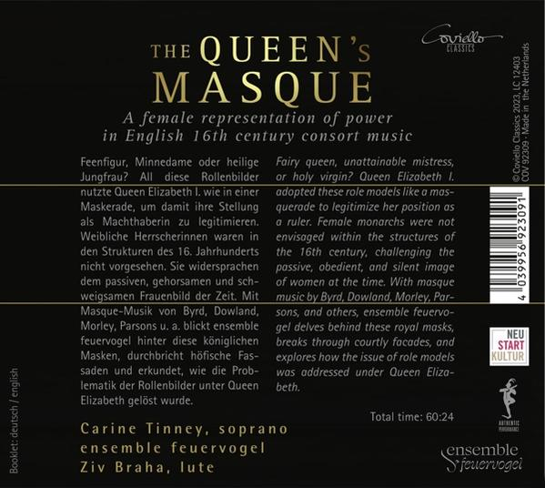 CD-Rückseite mit Titel 'The Queen's Masque', Text und Barcode.