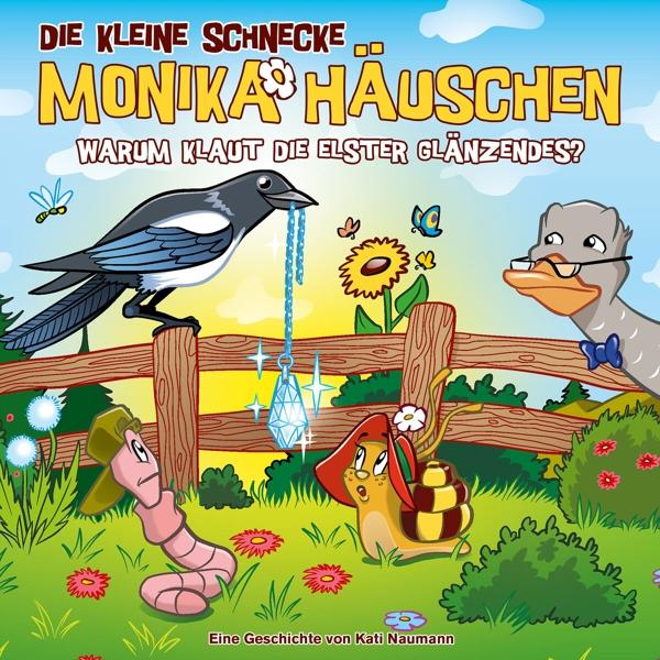 Kinderbuchcover. Elster mit Kette, Wurm, Schnecke, Ente, Blumen und Text auf blauem Himmel.
