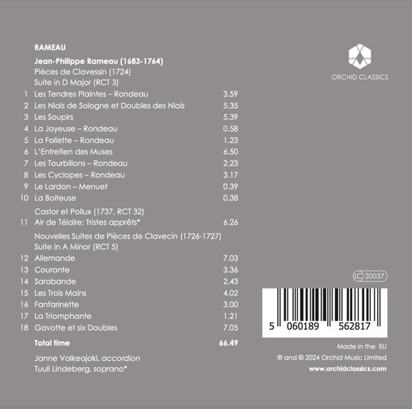 CD-Rückseite mit Rameaus Werkliste, Interpreten und Barcode.